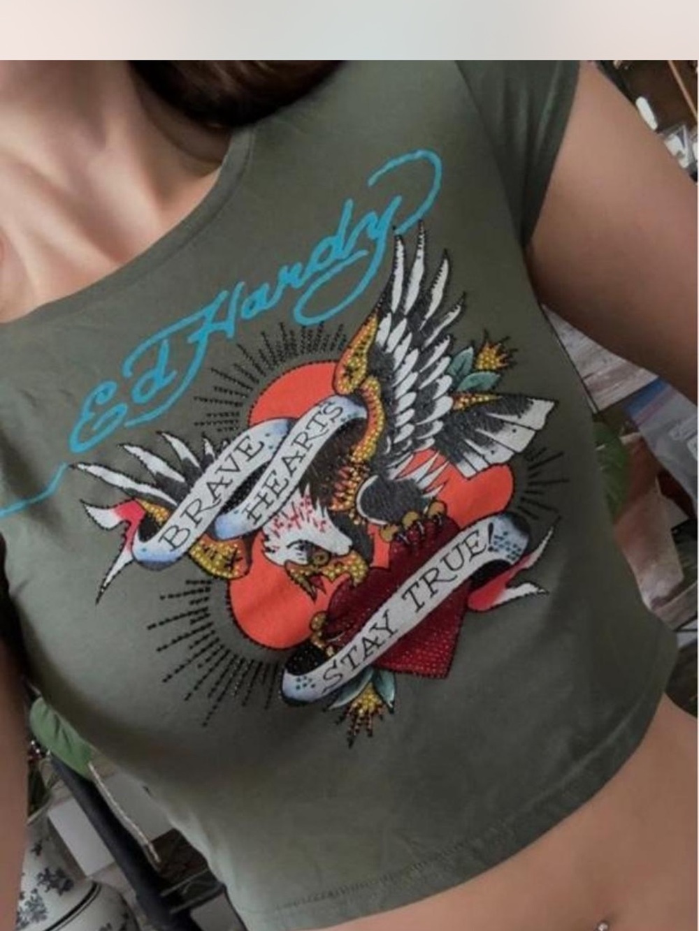 Ed Hardy Olive Green Graphic Crop Top with Red Heart & Blue Script